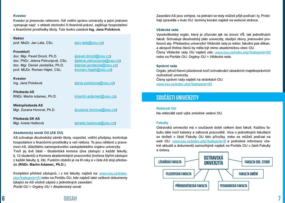 Roman Hájek, CSc. Kvestor Ing. Jana Poloková Předseda AS RNDr. Martin Adamec, Ph.D. Místopředseda AS Mgr. Zuzana Honová, Ph.D. Předseda SK AS Mgr. Aneta Hašková (jan.lata@osu.cz) (pavel.drozd@osu.