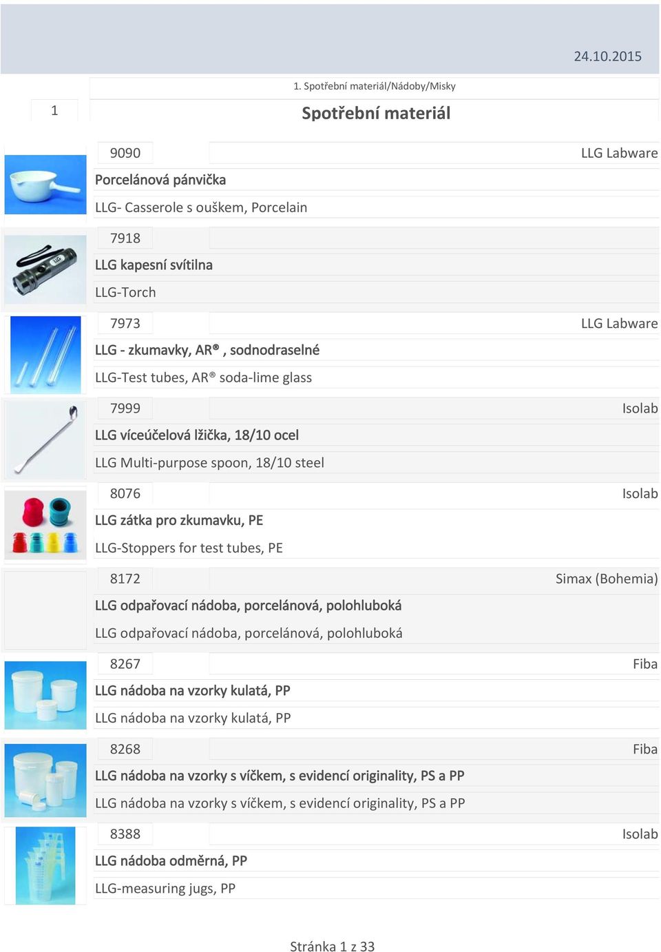 tubes, AR soda lime glass 7999 LLG víceúčelová lžička, 18/10 ocel LLG Multi purpose spoon, 18/10 steel 8076 LLG zátka pro zkumavku, PE LLG Stoppers for test tubes, PE 8172 LLG odpařovací nádoba,