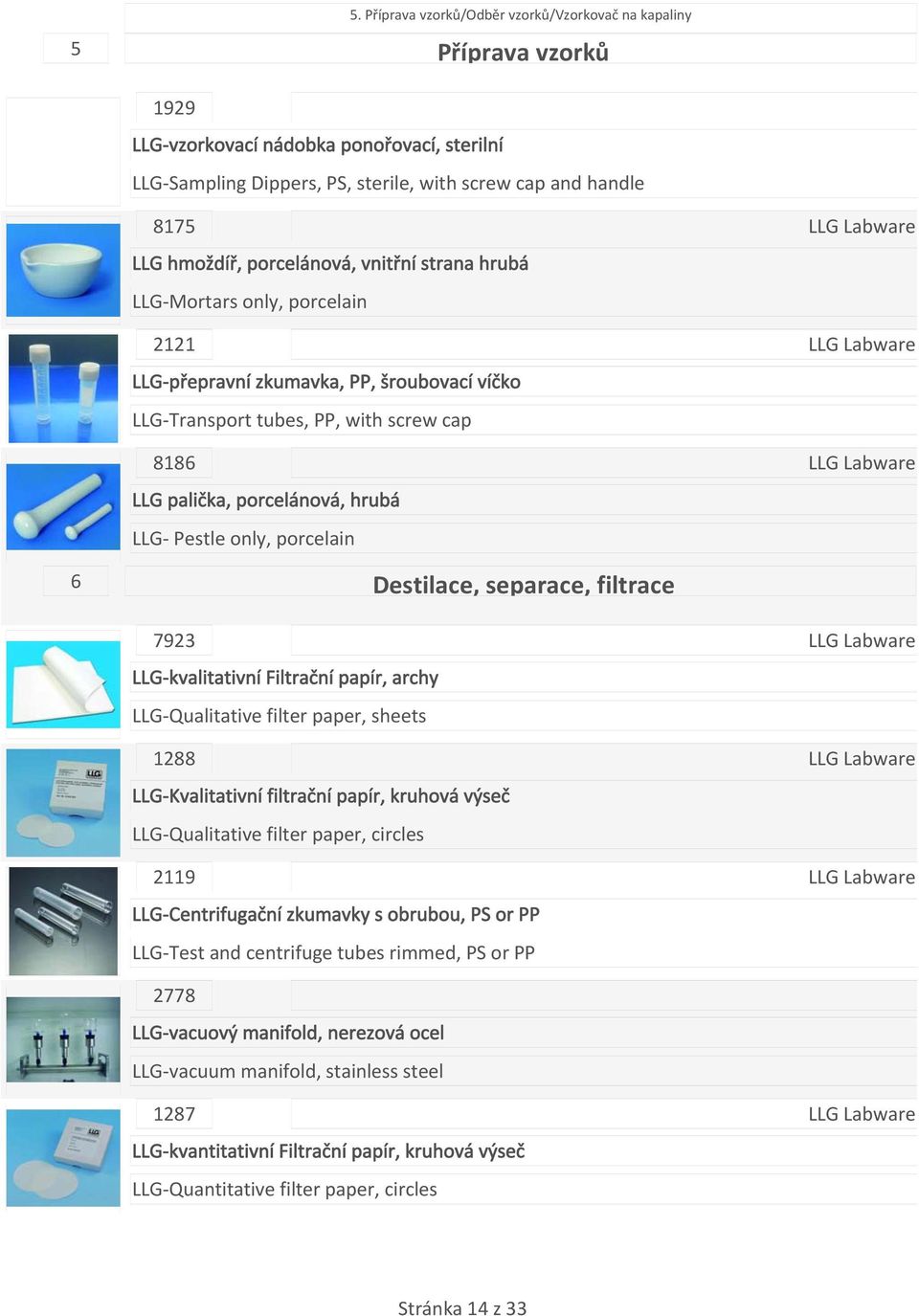 only, porcelain 6 Destilace, separace, filtrace 7923 LLG kvalitativní Filtrační papír, archy LLG Qualitative filter paper, sheets 1288 LLG Kvalitativní filtrační papír, kruhová výseč LLG Qualitative