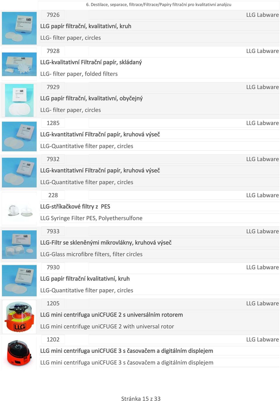 paper, circles 7932 LLG kvantitativní Filtrační papír, kruhová výseč LLG Quantitative filter paper, circles 228 LLG stříkačkové filtry z PES LLG Syringe Filter PES, Polyethersulfone 7933 LLG Filtr se