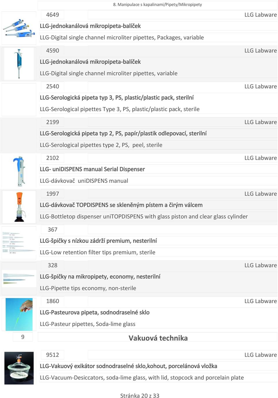 LLG Serologická pipeta typ 2, PS, papír/plastik odlepovací, sterilní LLG Serological pipettes type 2, PS, peel, sterile 2102 LLG unidispens manual Serial Dispenser LLG dávkovač unidispens manual 1997