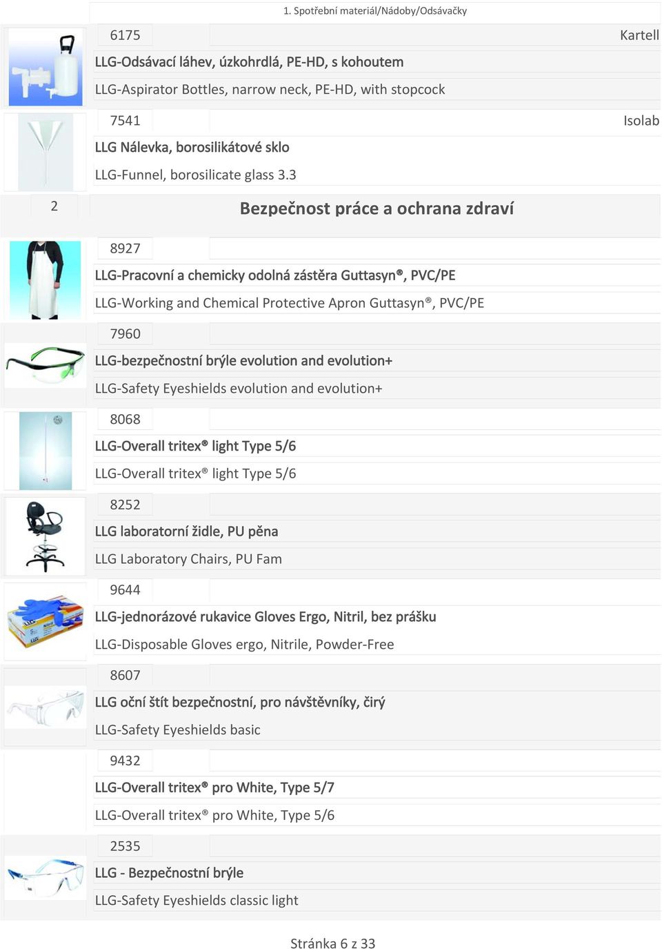 3 Kartell Isolab 2 Bezpečnost práce a ochrana zdraví 8927 LLG Pracovní a chemicky odolná zástěra Guttasyn, PVC/PE LLG Working and Chemical Protective Apron Guttasyn, PVC/PE 7960 LLG bezpečnostní