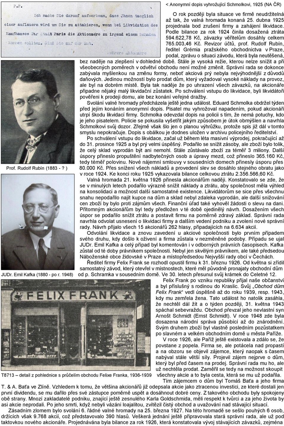 Rudolf Rubín, ředitel Grémia pražského obchodnictva v Praze, podal, zprávu o situaci závodu, která byla neutěšená, bez naděje na zlepšení v dohledné době.