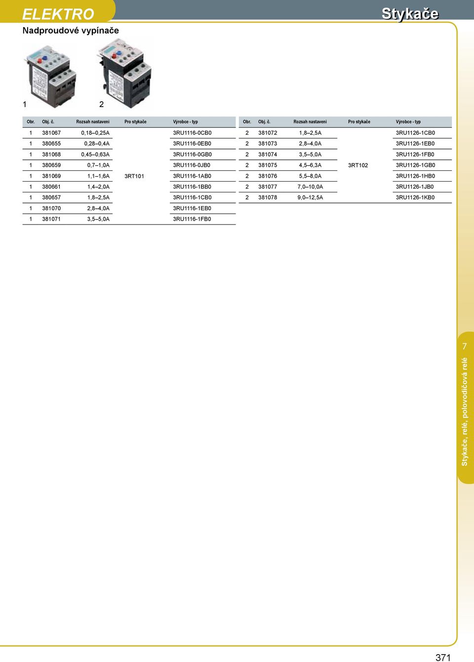 Rozsah nastavení Pro stykače Výrobce - typ 1 38106 0,18 0,25A 3RU1116-0CB0 2 38102 1,8 2,5A 3RU1126-1CB0 1 380655 0,28 0,4A 3RU1116-0EB0 2 38103 2,8 4,0A