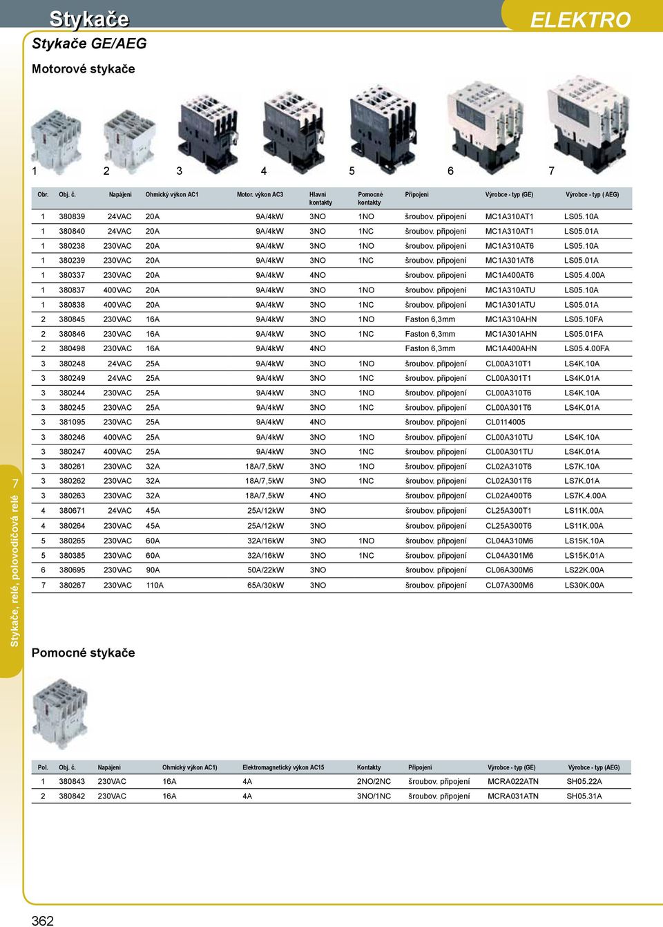 10A 1 380840 24VAC 20A 9A/4kW 3NO 1NC šroubov. připojení MC1A310AT1 LS05.01A 1 380238 230VAC 20A 9A/4kW 3NO 1NO šroubov. připojení MC1A310AT6 LS05.10A 1 380239 230VAC 20A 9A/4kW 3NO 1NC šroubov.