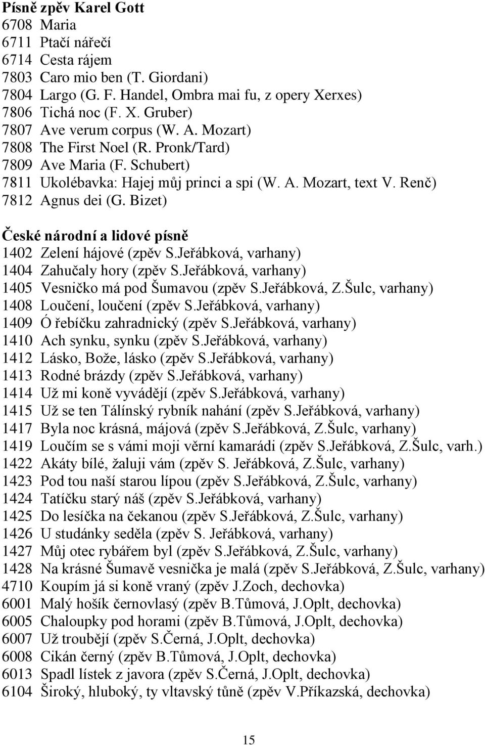 Bizet) České národní a lidové písně 1402 Zelení hájové (zpěv S.Jeřábková, varhany) 1404 Zahučaly hory (zpěv S.Jeřábková, varhany) 1405 Vesničko má pod Šumavou (zpěv S.Jeřábková, Z.