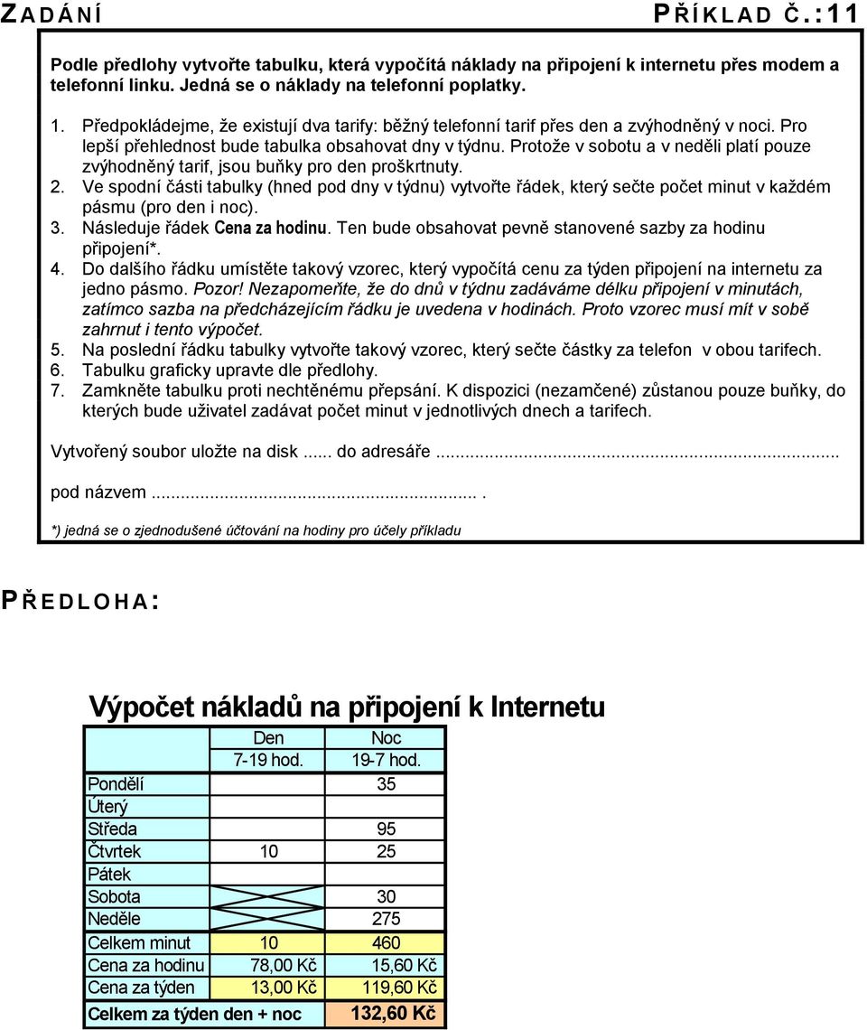 Protože v sobotu a v neděli platí pouze zvýhodněný tarif, jsou buňky pro den proškrtnuty. 2.