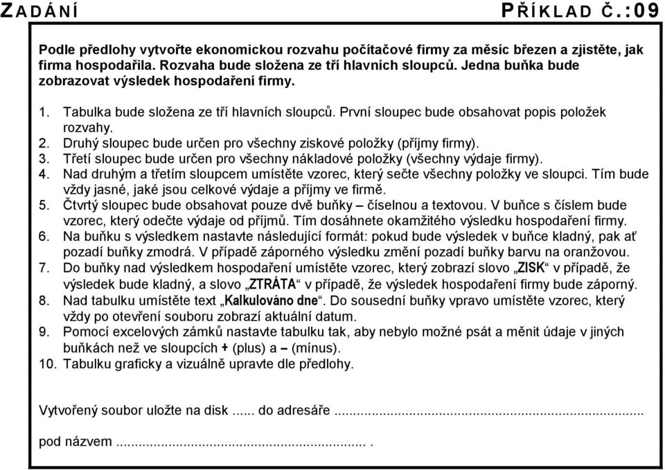 Druhý sloupec bude určen pro všechny ziskové položky (příjmy firmy). 3. Třetí sloupec bude určen pro všechny nákladové položky (všechny výdaje firmy). 4.