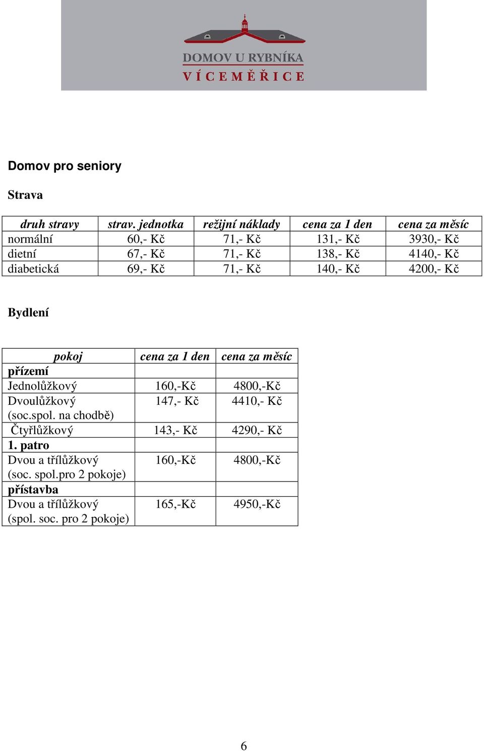 4140,- Kč diabetická 69,- Kč 71,- Kč 140,- Kč 4200,- Kč Bydlení pokoj cena za 1 den cena za měsíc přízemí Jednolůžkový 160,-Kč