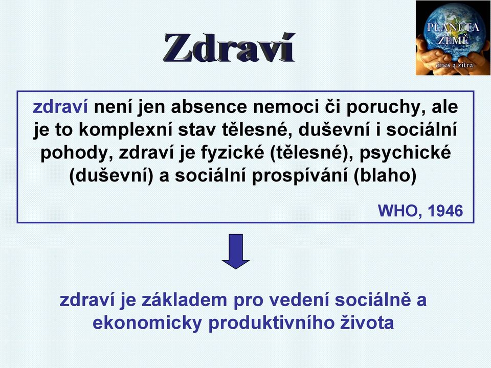 (tělesné), psychické (duševní) a sociální prospívání (blaho) WHO,