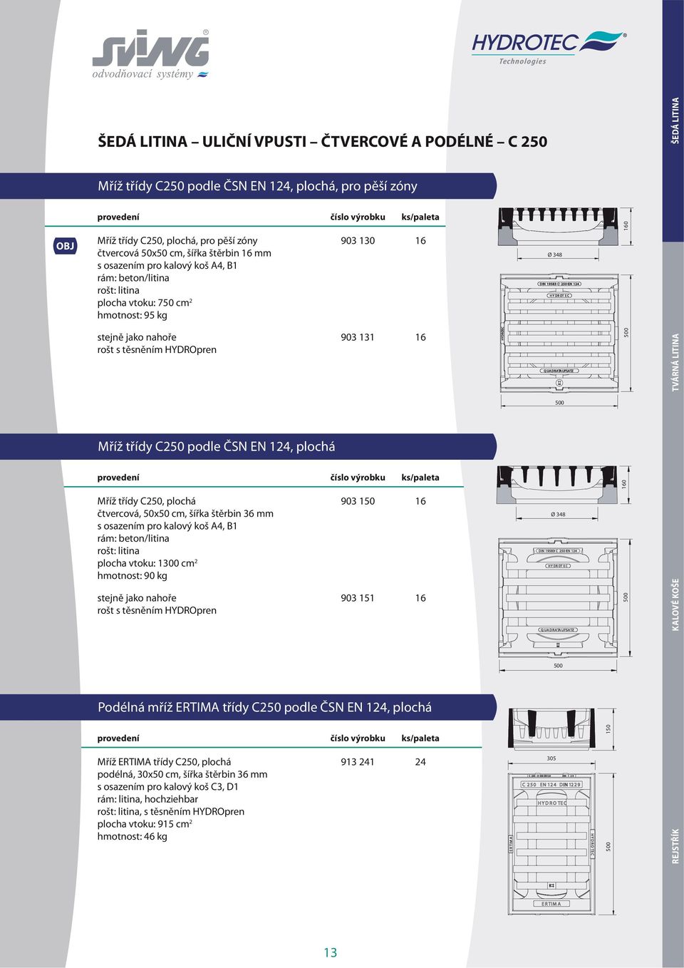 131 16 HYDROTEC Q UA DRATA UFSATZ 500 TVÁRNÁ LITIN A 500 Mříž třídy C250 podle ČSN EN 124, plochá 160 Mříž třídy C250, plochá čtvercová, 50x50 cm, šířka štěrbin 36 s osazením pro kalový koš A4, B1