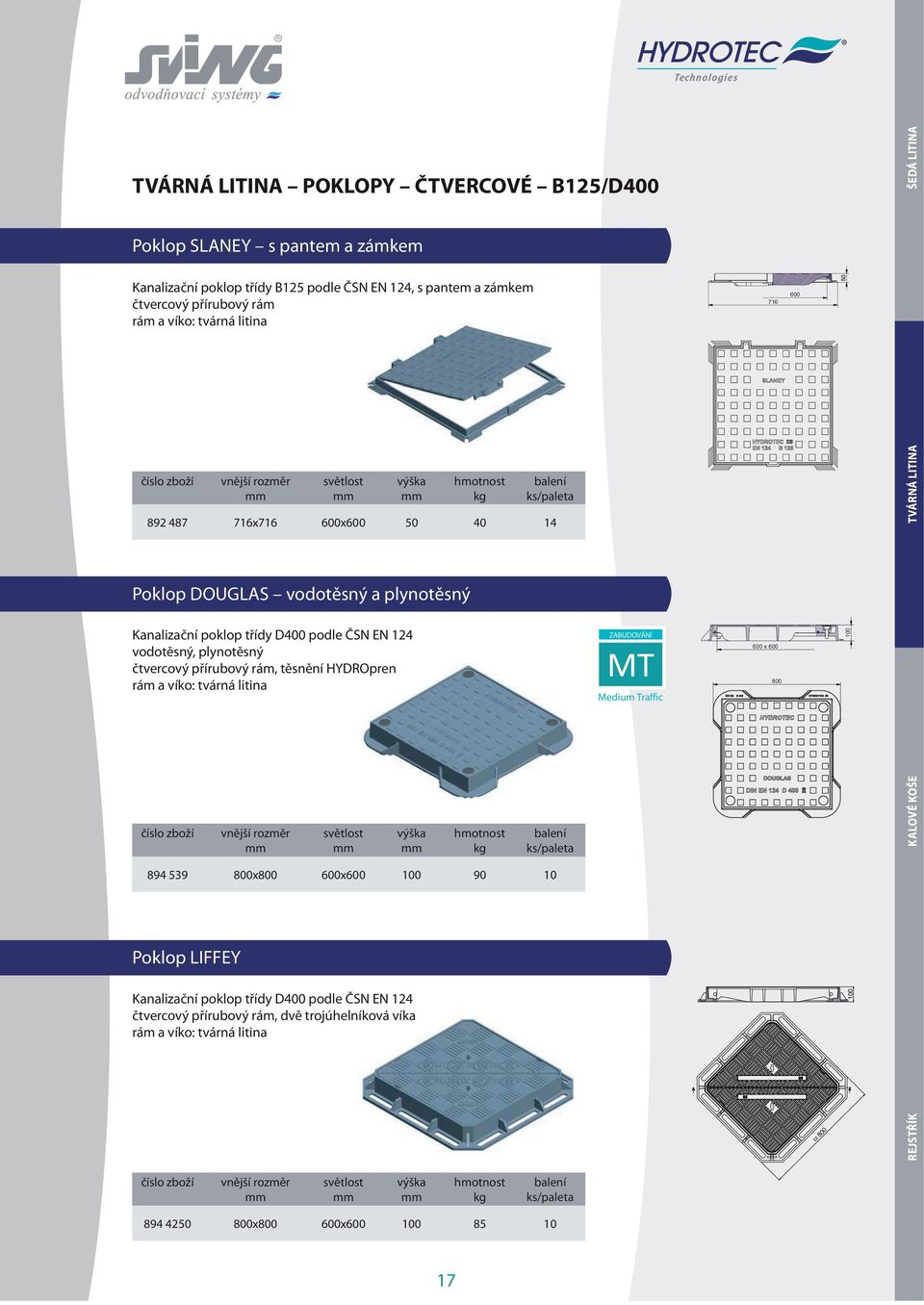 plynotěsný čtvercový přírubový rám, těsnění HYDROpren rám a víko: tvárná litina MT Medium Traffic 600 x 600 800 100 světlost KALOVÉ KO ŠE 894 539 800x800 600x600 100 90 10 Poklop