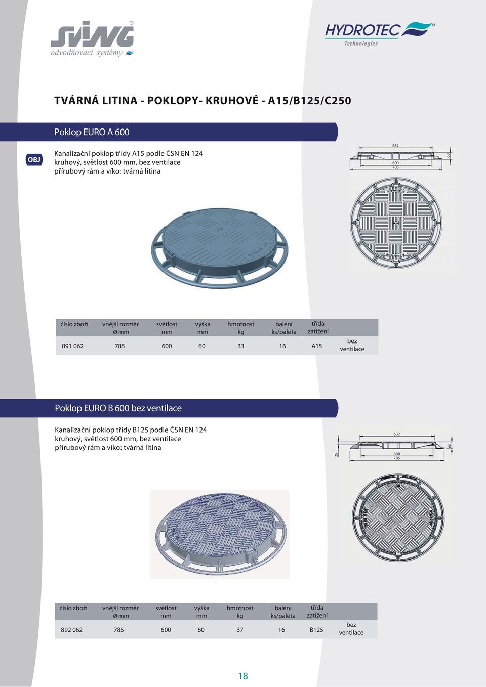 16 A15 bez ventilace Poklop EURO B 600 bez ventilace Kanalizační poklop třídy B125 podle ČSN EN 124 kruhový, světlost 600, bez