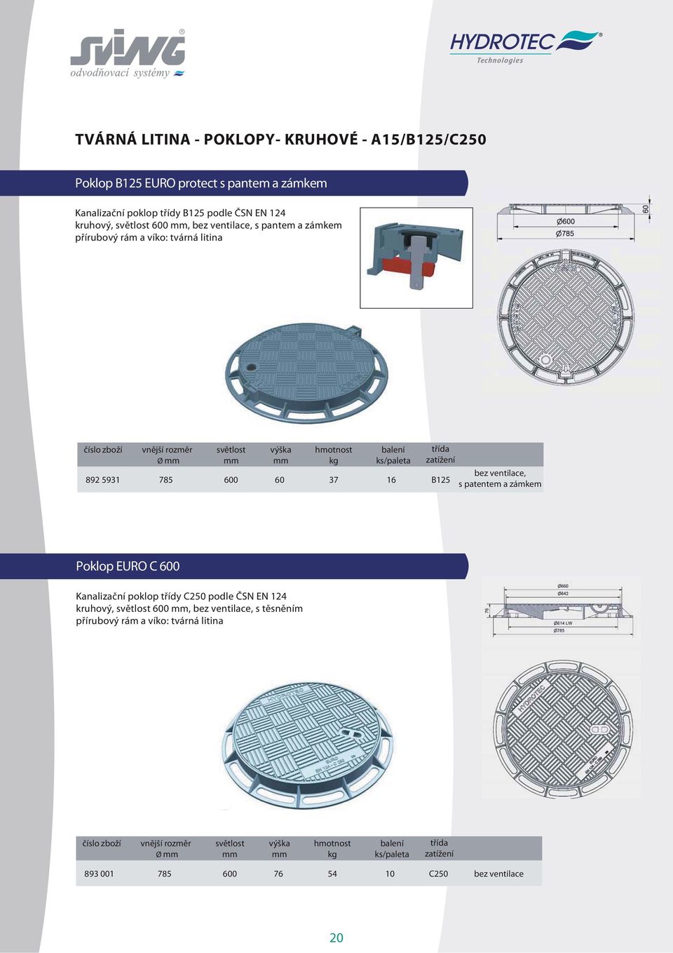 600 60 37 16 B125 bez ventilace, s patentem a zámkem Poklop EURO C 600 Kanalizační poklop třídy C250 podle ČSN EN 124 kruhový, světlost