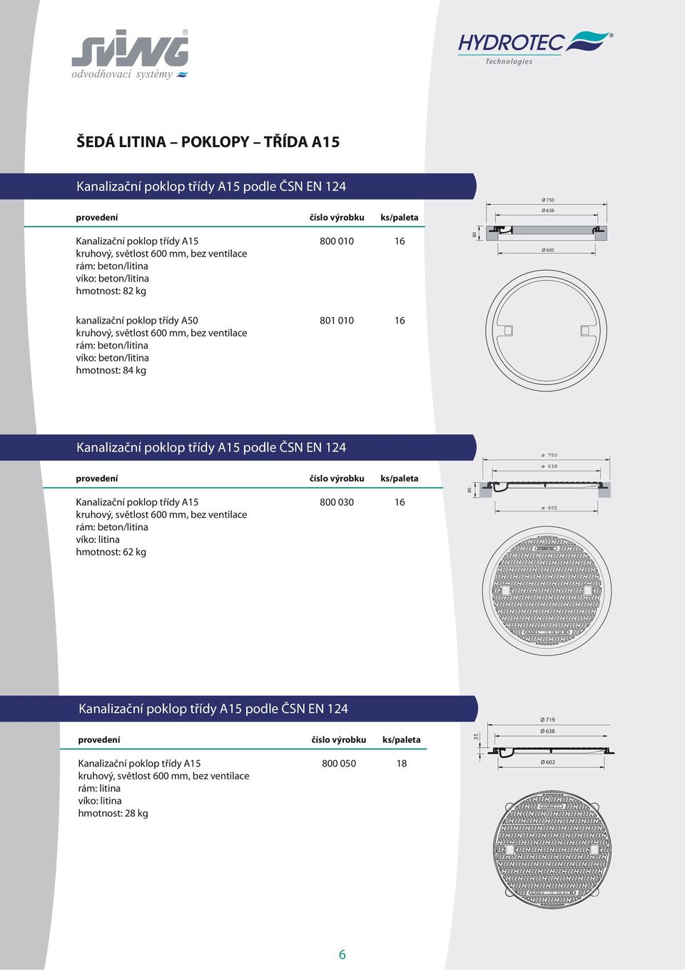 poklop třídy A15 podle ČSN EN 124 Kanalizační poklop třídy A15 kruhový, světlost 600, bez ventilace rám: beton/litina víko: litina : 62 800 030 16 80 Kanalizační poklop třídy