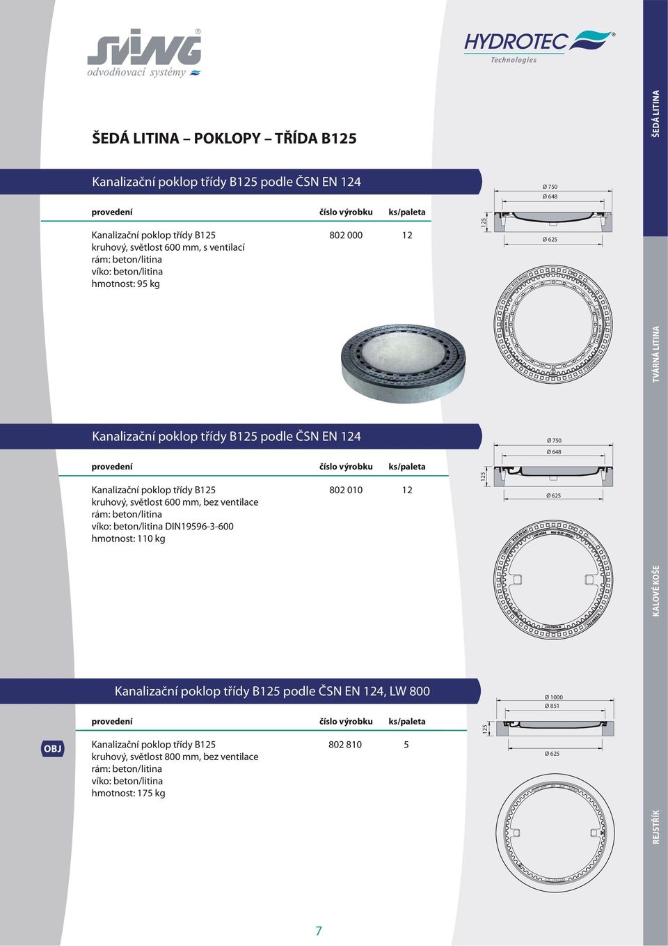 ČSN EN 124 Ø 750 Ø 648 Kanalizační poklop třídy B125 kruhový, světlost 600, bez ventilace rám: beton/litina víko: beton/litina DIN19596-3-600 : 110 802 010 12 125 DI N 4 2 7 1 B 12 5 E N 12 4 DIN 1