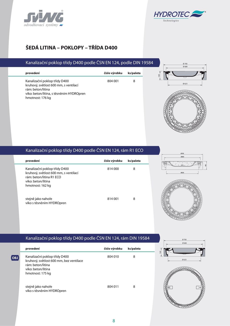 ventilací rám: beton/litina víko: beton/litina, s těsněním HYDROpren : 176 804 001 8 H Y D R O D Ø 785 Ø 680 160 C T E R O T E C Ø 625 N12 4 D I N 1 0.