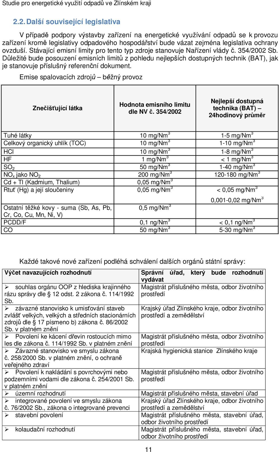 ovzduší. Stávající emisní limity pro tento typ zdroje stanovuje Naízení vlády. 354/2002 Sb.