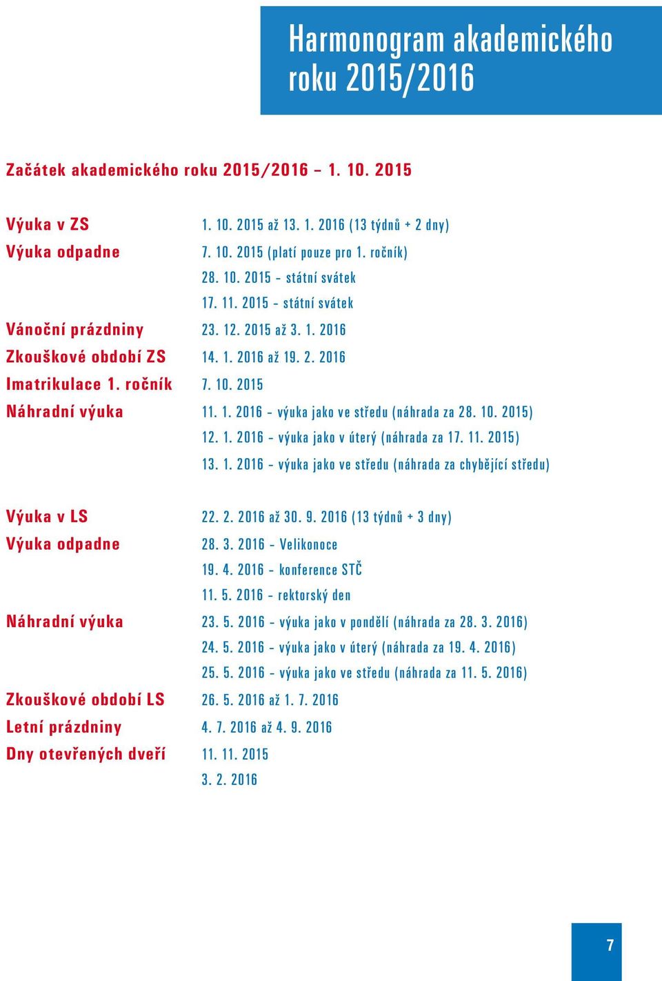 1. 2016 výuka jako ve středu (náhrada za 28. 10. 2015) 12. 1. 2016 výuka jako v úterý (náhrada za 17. 11. 2015) 13. 1. 2016 výuka jako ve středu (náhrada za chybějící středu) Výuka v LS 22. 2. 2016 až 30.