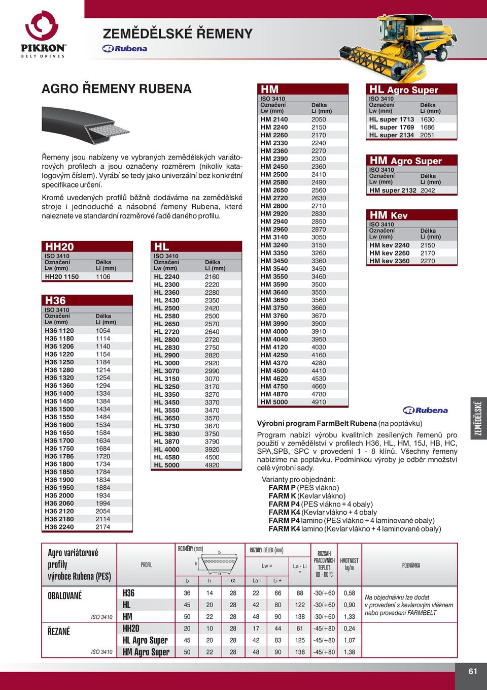 Kromě uvedených profilů běžně dodáváme na zemědělské stroje i jednoduché a násobné řemeny Rubena, které naleznete ve standardní rozměrové řadě daného profilu.