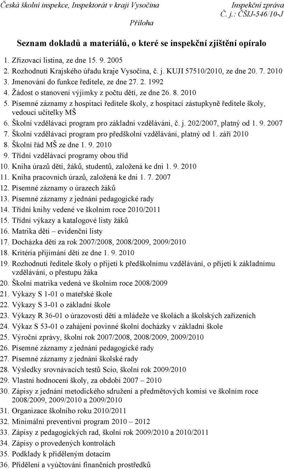 Písemné záznamy z hospitací ředitele školy, z hospitací zástupkyně ředitele školy, vedoucí učitelky MŠ 6. Školní vzdělávací program pro základní vzdělávání, č. j. 202/2007, platný od 1. 9. 2007 7.