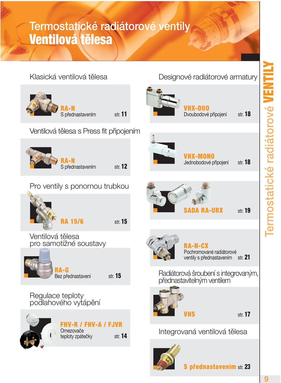 18 SADA RA-URX str. 19 RA-N-CX Pochromované radiátorové ventily s přednastavením str. 21 Termostatické Robinets Thermostatiques radiátorové VENTILY RA-G Bez přednastavení str.