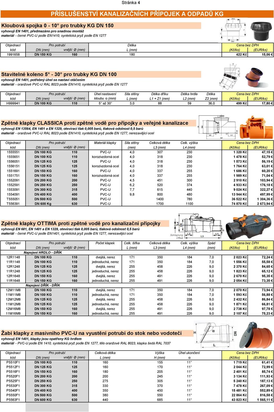 Úhel nastavení Síla stěny Délka dříku Délka hrdla Délka kód DN (mm) vnější Ø (mm) kloubu α (mm) L (mm) L1 + Z1 (mm) L2 (mm) Z2 )mm) (Kč/ks) (EUR/ks) H999941 DN 100 KG 110 5 až 30 3,0 88 59 36,0 499