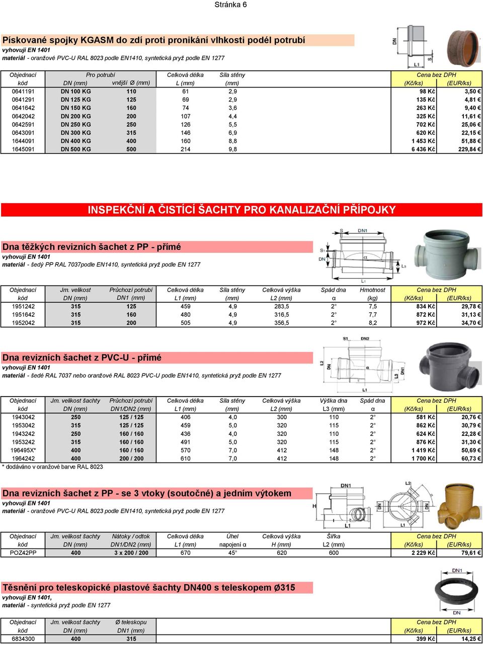 620 Kč 22,15 1644091 DN 400 KG 400 160 8,8 1 453 Kč 51,88 1645091 DN 500 KG 500 214 9,8 6 436 Kč 229,84 INSPEKČNÍ A ČISTÍCÍ ŠACHTY PRO KANALIZAČNÍ PŘÍPOJKY Dna těžkých revizních šachet z PP - přímé