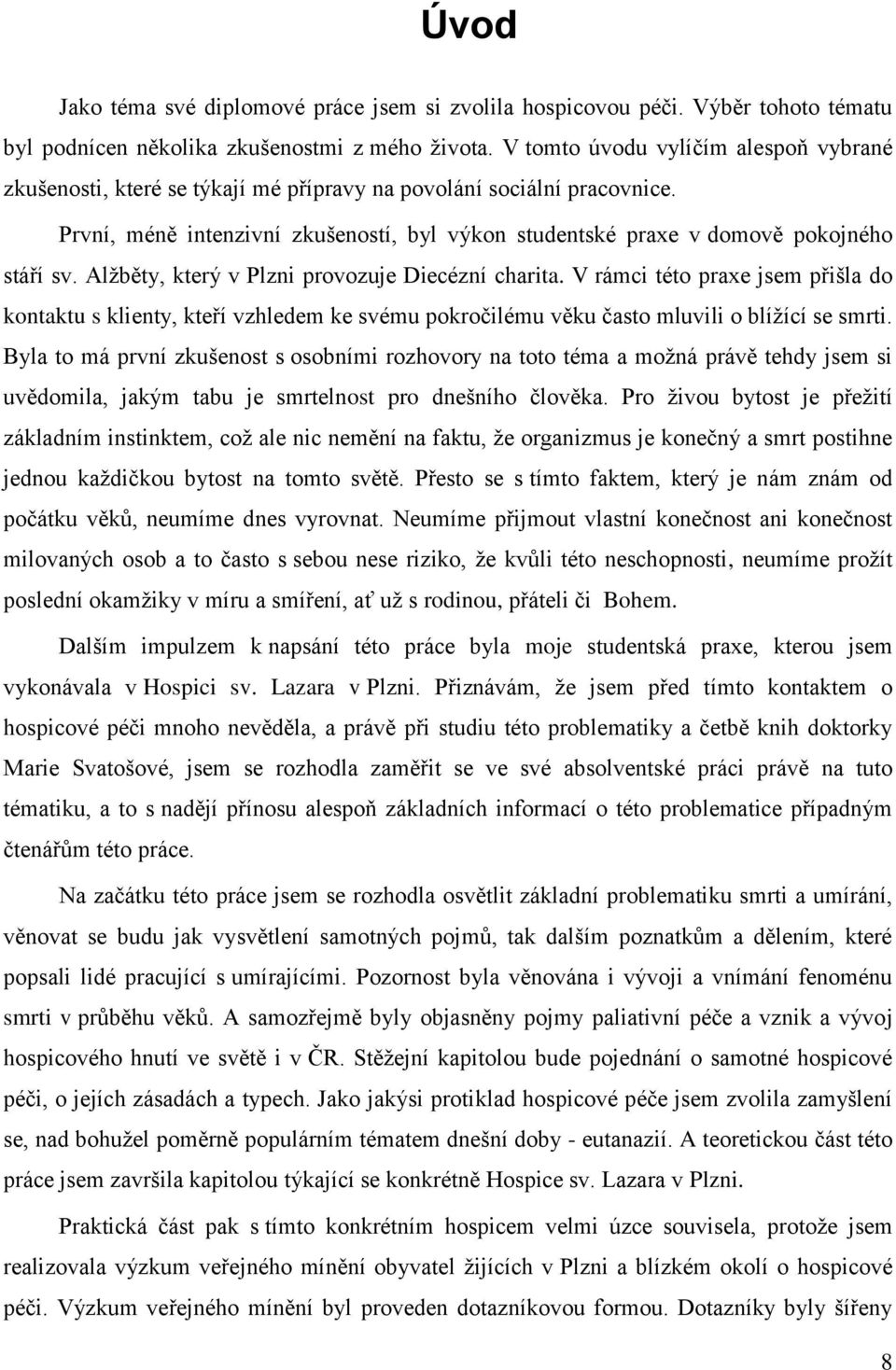 První, méně intenzivní zkušeností, byl výkon studentské praxe v domově pokojného stáří sv. Alžběty, který v Plzni provozuje Diecézní charita.