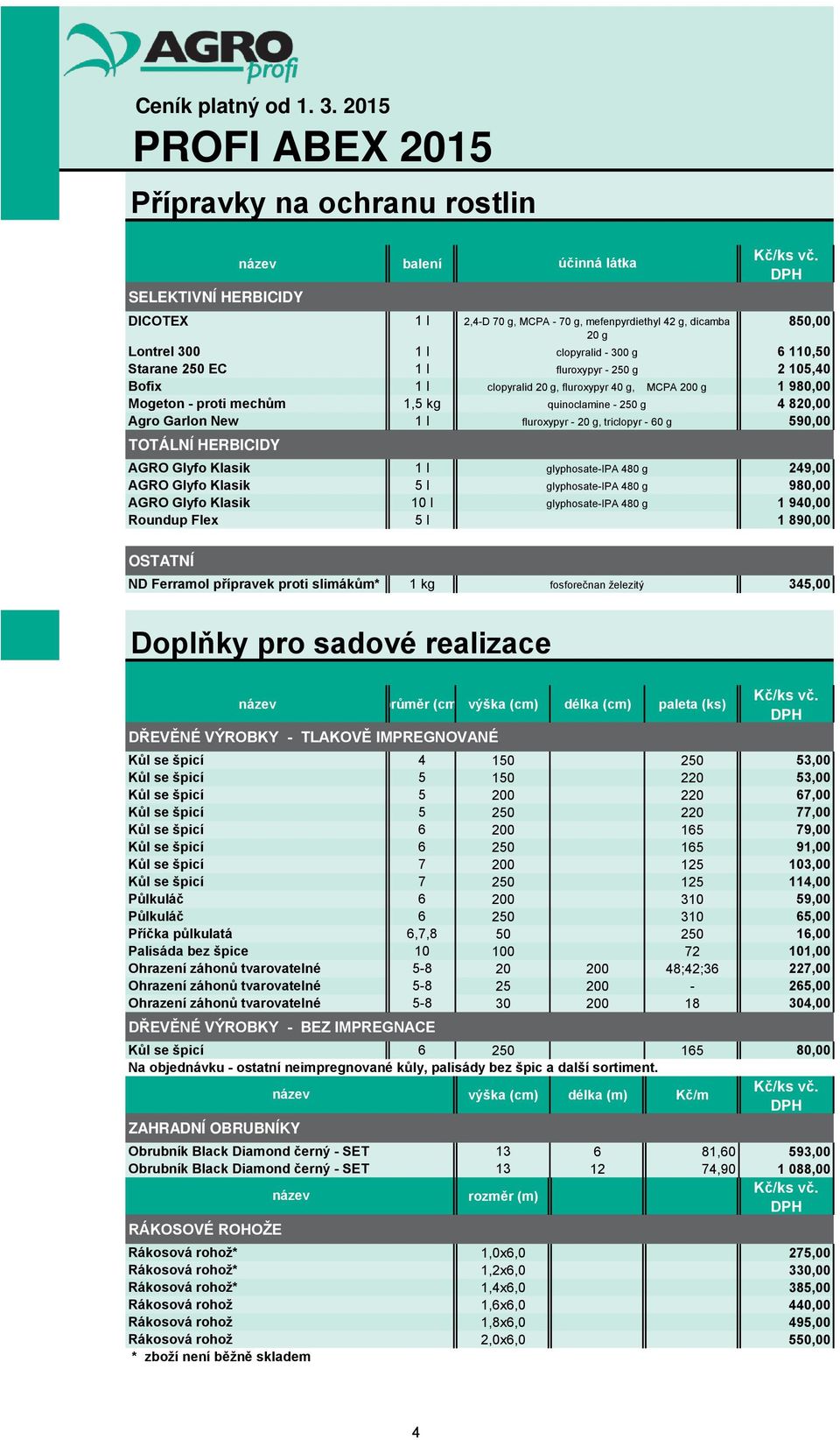 triclopyr - 60 g 590,00 TOTÁLNÍ HERBICIDY účinná látka AGRO Glyfo Klasik 1 l glyphosate-ipa 480 g 249,00 AGRO Glyfo Klasik 5 l glyphosate-ipa 480 g 980,00 AGRO Glyfo Klasik 10 l glyphosate-ipa 480 g