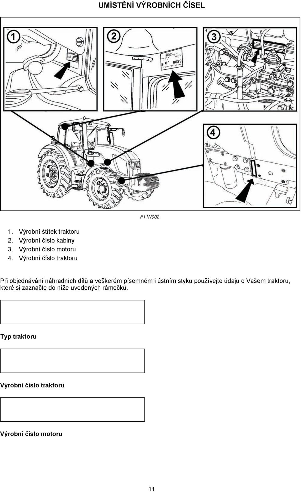 Výrobní číslo traktoru Při objednávání náhradních dílů a veškerém písemném i ústním