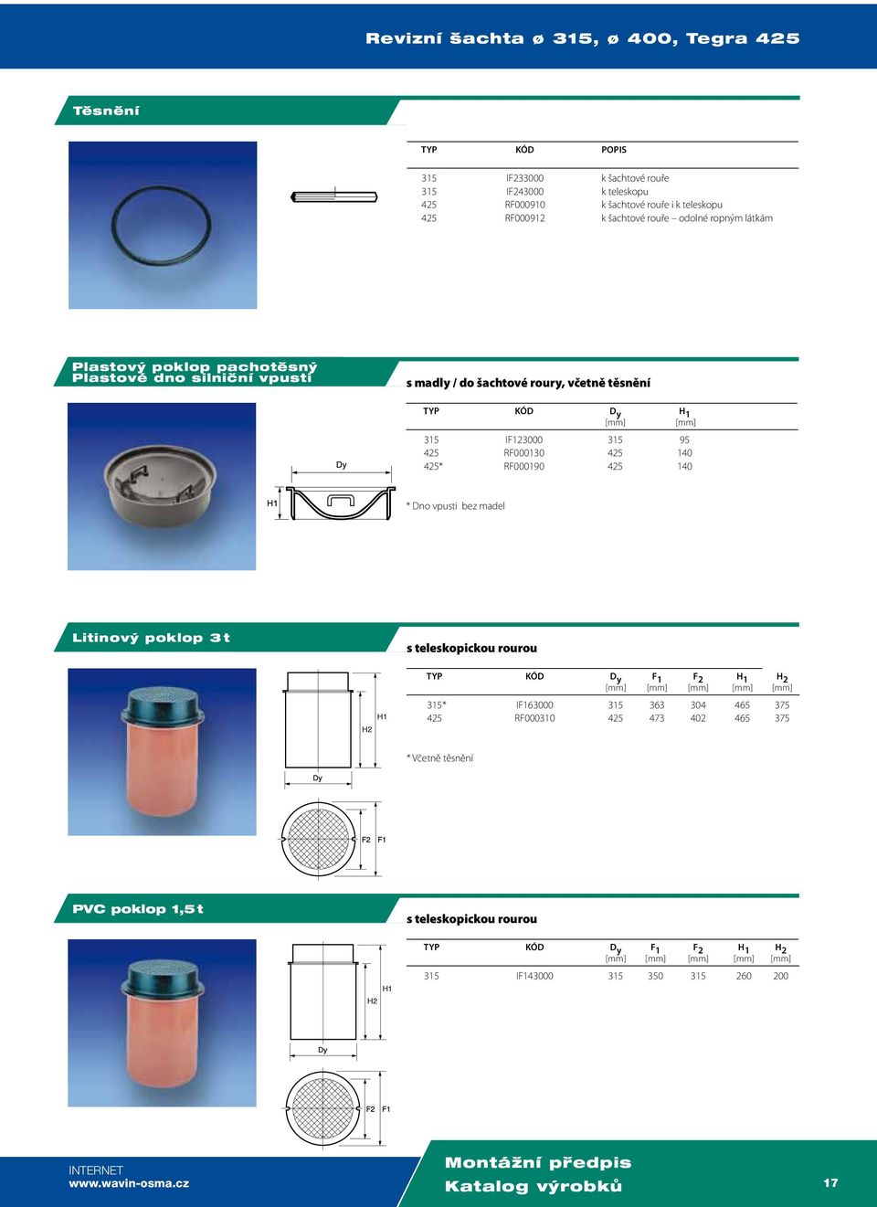 140 * Dno vpusti bez madel Litinov poklop 3 t s teleskopickou rourou H1 H2 TYP KÓD D y F 1 F 2 H 1 H 2 [mm] [mm] [mm] [mm] [mm] 315* IF163000 315 363 304 465 375 425 RF000310 425 473 402 465 375 *