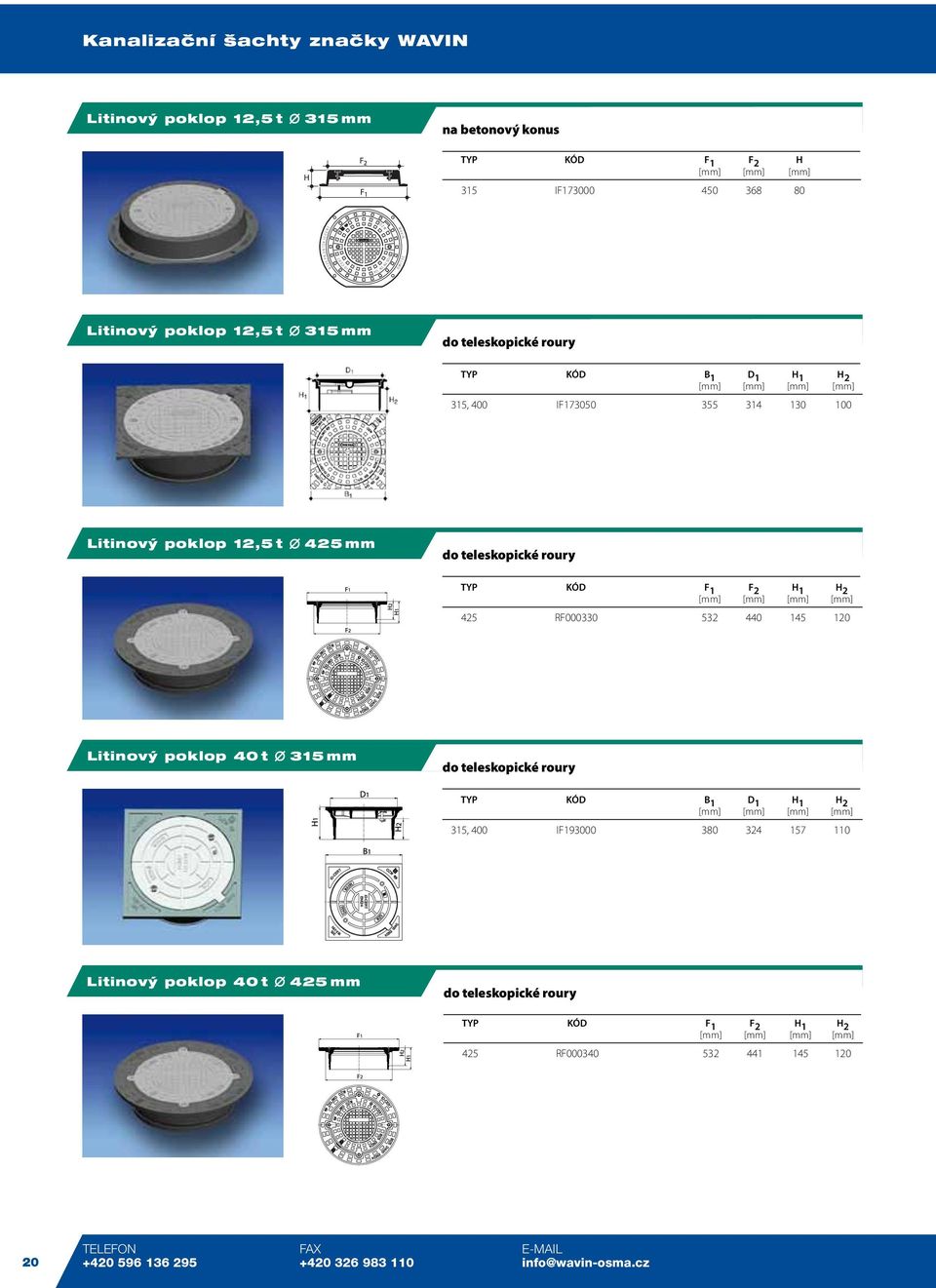 [mm] [mm] [mm] 425 RF000330 532 440 145 120 Litinov poklop 40 t 315 mm do teleskopické roury TYP KÓD B 1 D 1 H 1 H 2 [mm] [mm] [mm] [mm] 315, 400 IF193000 380 324 157 110