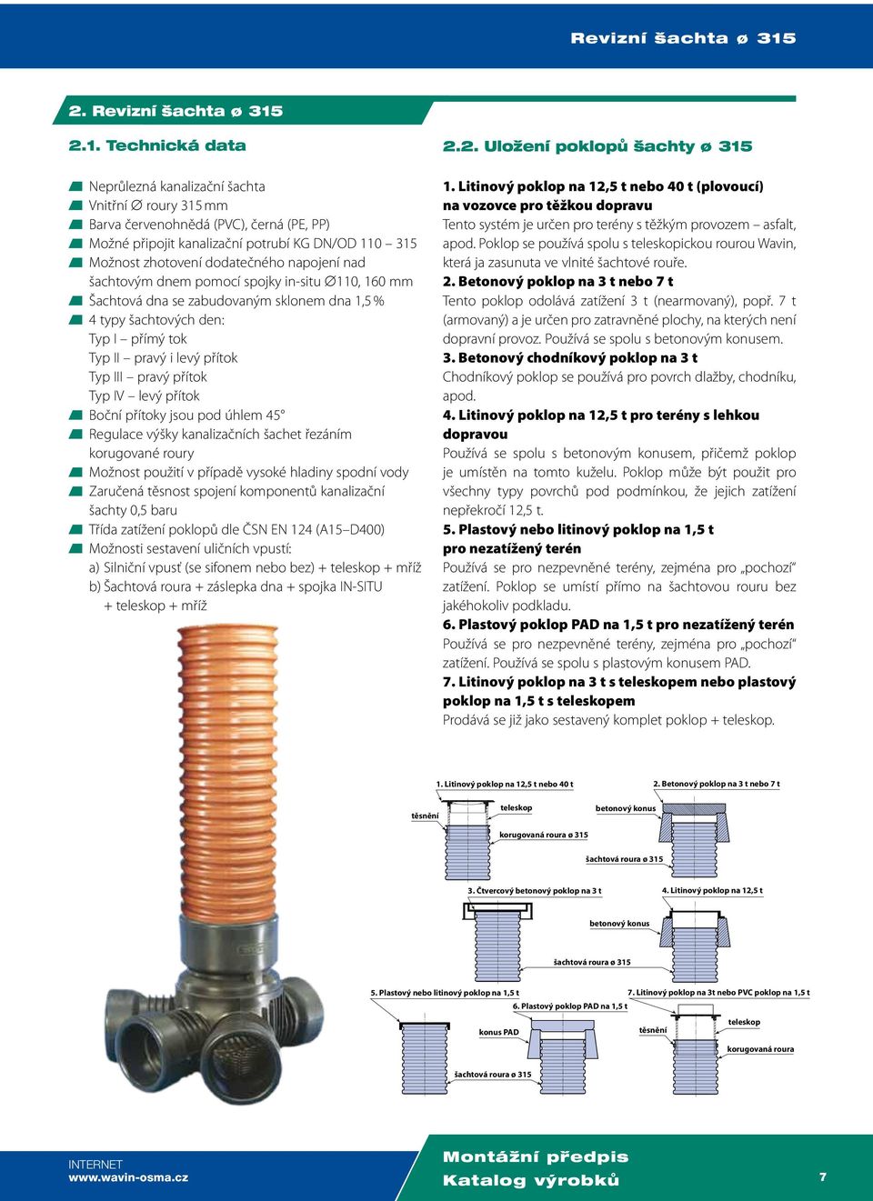 Technická data Neprůlezná kanalizační šachta Vnitřní roury 315 mm Barva červenohnědá (PVC), černá (PE, PP) Možné připojit kanalizační potrubí KG 110 315 Možnost zhotovení dodatečného napojení nad