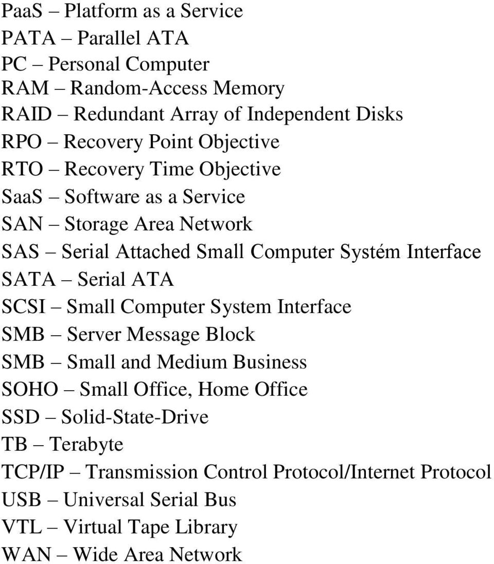 SATA Serial ATA SCSI Small Computer System Interface SMB Server Message Block SMB Small and Medium Business SOHO Small Office, Home Office SSD