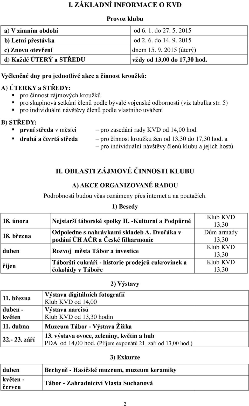 5) pro individuální návštěvy členů podle vlastního uvážení B) STŘEDY: první středa v měsíci druhá a čtvrtá středa pro zasedání rady KVD od 14,00 hod. pro činnost kroužku žen od do 17,30 hod.