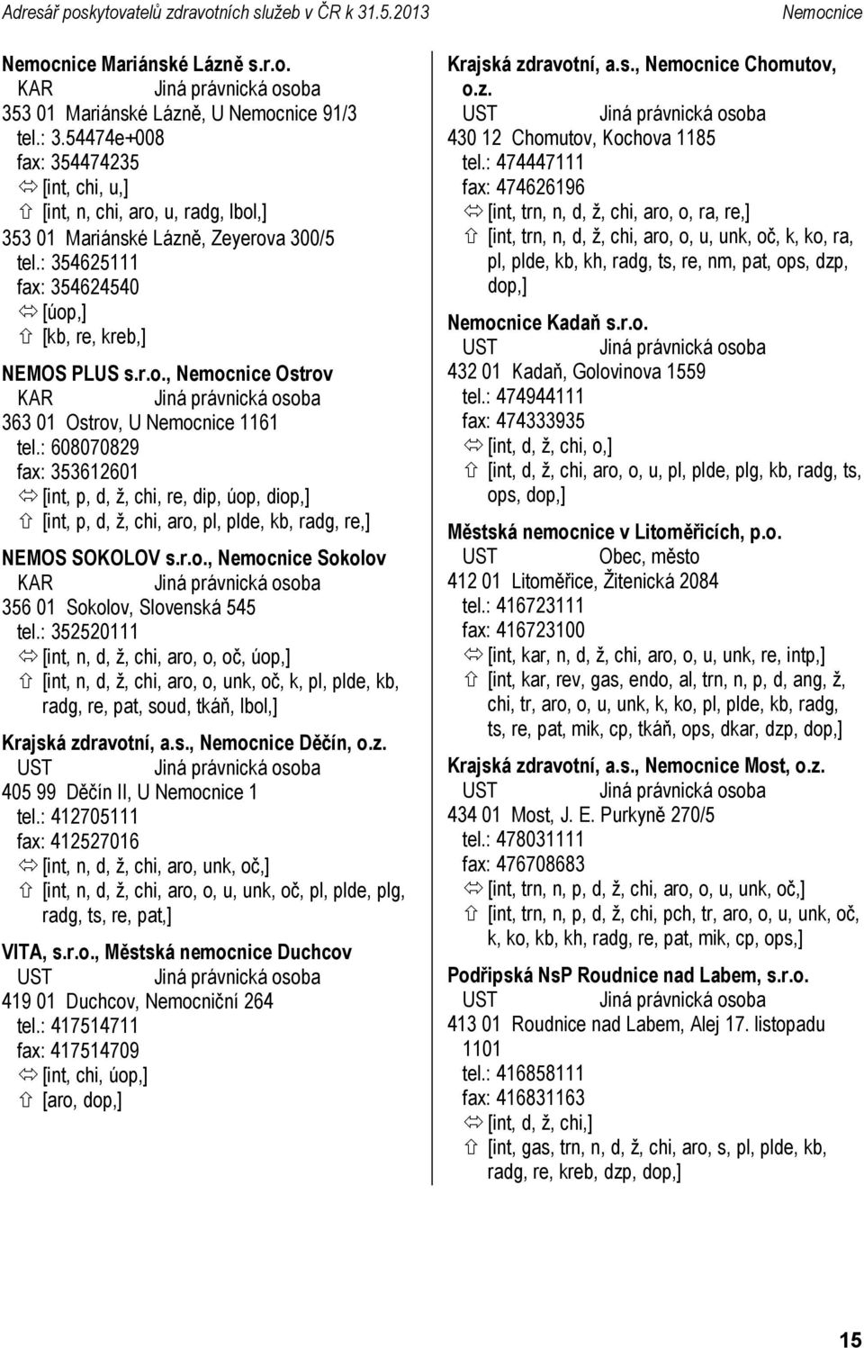 : 608070829 fax: 353612601 [int, p, d, ž, chi, re, dip, úop, diop,] [int, p, d, ž, chi, aro, pl, plde, kb, radg, re,] NEMOS SOKV s.r.o., Nemocnice Sokolov 356 01 Sokolov, Slovenská 545 tel.