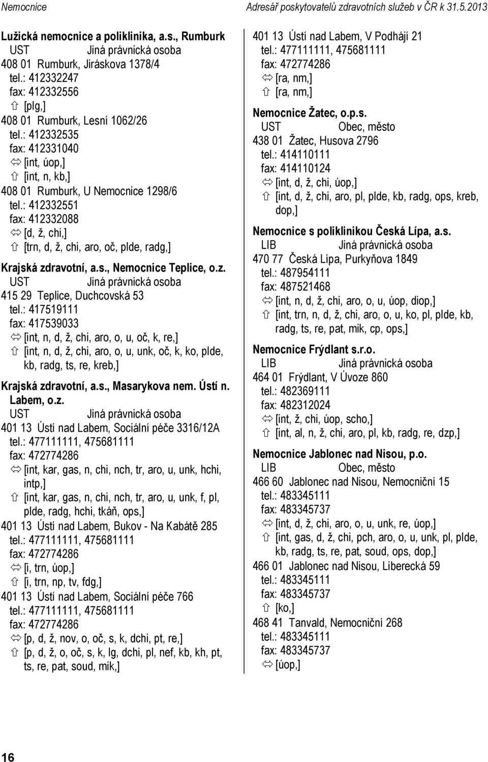 : 412332551 fax: 412332088 [d, ž, chi,] [trn, d, ž, chi, aro, oč, plde, radg,] ská zdravotní, a.s., Nemocnice Teplice, o.z. 415 29 Teplice, Duchcovská 53 tel.