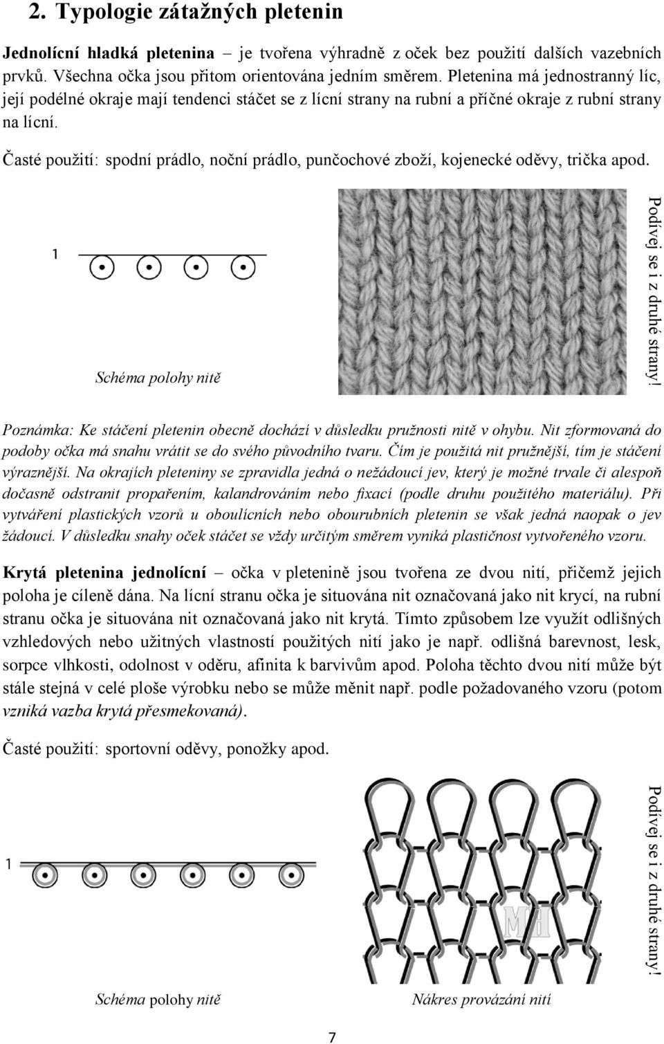 Časté použití: spodní prádlo, noční prádlo, punčochové zboží, kojenecké oděvy, trička apod. Schéma polohy nitě Poznámka: Ke stáčení pletenin obecně dochází v důsledku pružnosti nitě v ohybu.