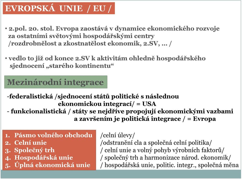 SV k aktivitám ohledně hospodářského sjednocení starého kontinentu Mezinárodní integrace -federalistická /sjednocení států politické s následnou ekonomickou integrací/ = USA - funkcionalistická /