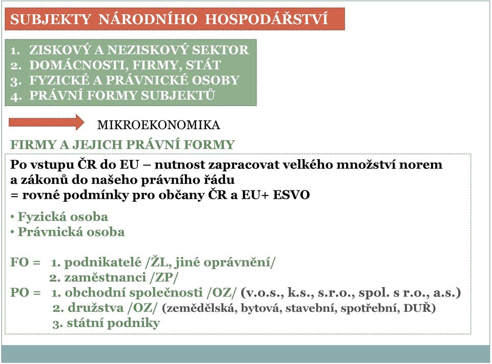 našeho právního řádu = rovné podmínky pro občany ČR a EU+ ESVO Fyzická osoba Právnická osoba FO = 1. podnikatelé /ŢL, jiné oprávnění/ 2.