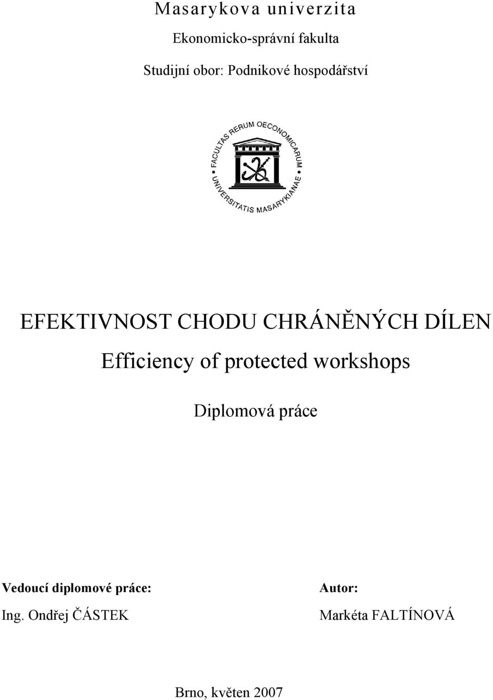 Efficiency of protected workshops Diplomová práce Vedoucí