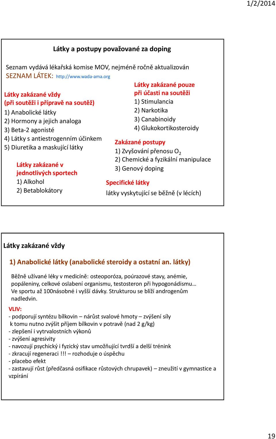 Beta-2 agonisté 4) Látky s antiestrogenním účinkem 5) Diuretika a maskující látky Látky zakázané v jednotlivých sportech 1) Alkohol 2) Betablokátory Zakázané postupy 1) Zvyšování přenosu O 2 2)