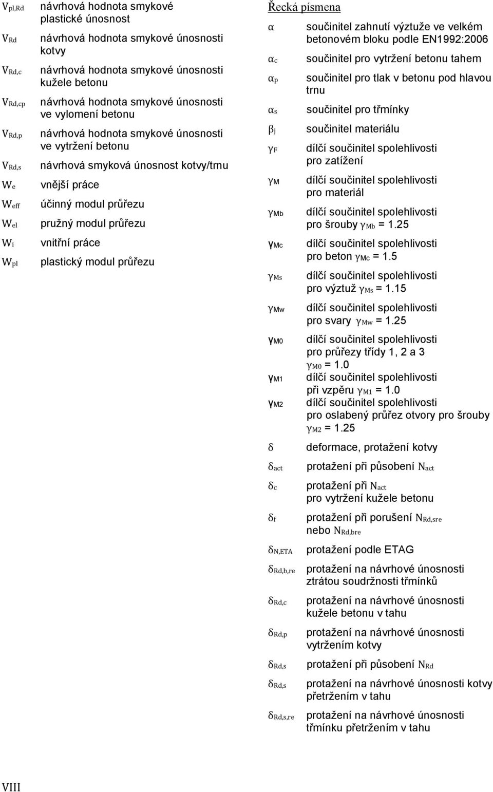 práce plastický modul průřezu Řecká písmena α součinitel zahnutí výztuže ve velkém betonovém bloku podle EN1992:2006 αc součinitel pro vytržení betonu tahem αp součinitel pro tlak v betonu pod hlavou