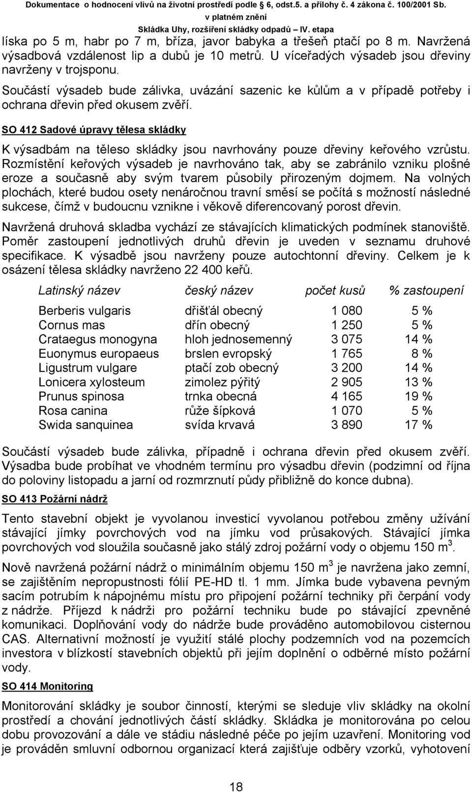 SO 412 Sadové úpravy tělesa skládky K výsadbám na těleso skládky jsou navrhovány pouze dřeviny keřového vzrůstu.