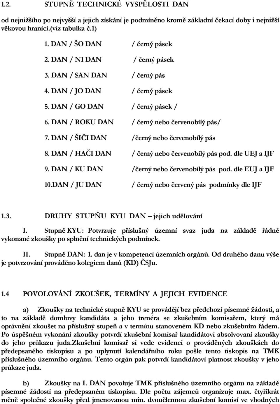 DAN / ŠIČI DAN /černý nebo červenobílý pás 8. DAN / HAČI DAN / černý nebo červenobílý pás pod. dle UEJ a IJF 9. DAN / KU DAN /černý nebo červenobílý pás pod. dle EUJ a IJF 10.