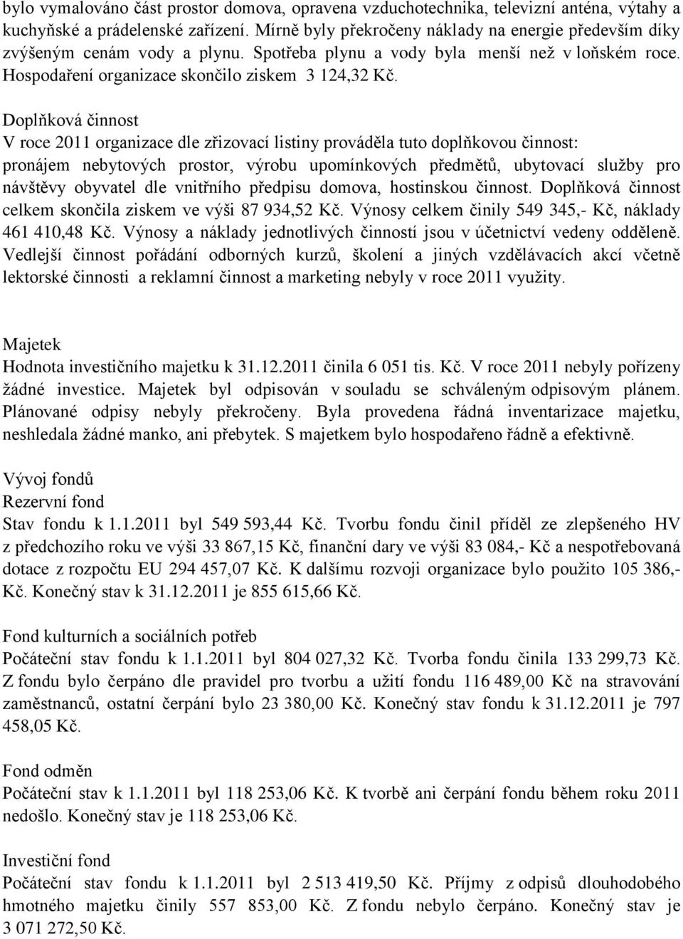 Doplňková činnost V roce 2011 organizace dle zřizovací listiny prováděla tuto doplňkovou činnost: pronájem nebytových prostor, výrobu upomínkových předmětů, ubytovací služby pro návštěvy obyvatel dle