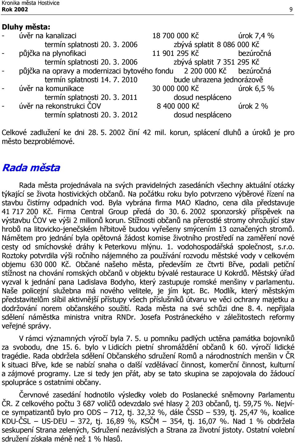 2006 zbývá splatit 7 351 295 Kč - půjčka na opravy a modernizaci bytového fondu 2 200 000 Kč bezúročná termín splatnosti 14. 7. 2010 bude uhrazena jednorázově - úvěr na komunikace 30 000 000 Kč úrok 6,5 % termín splatnosti 20.