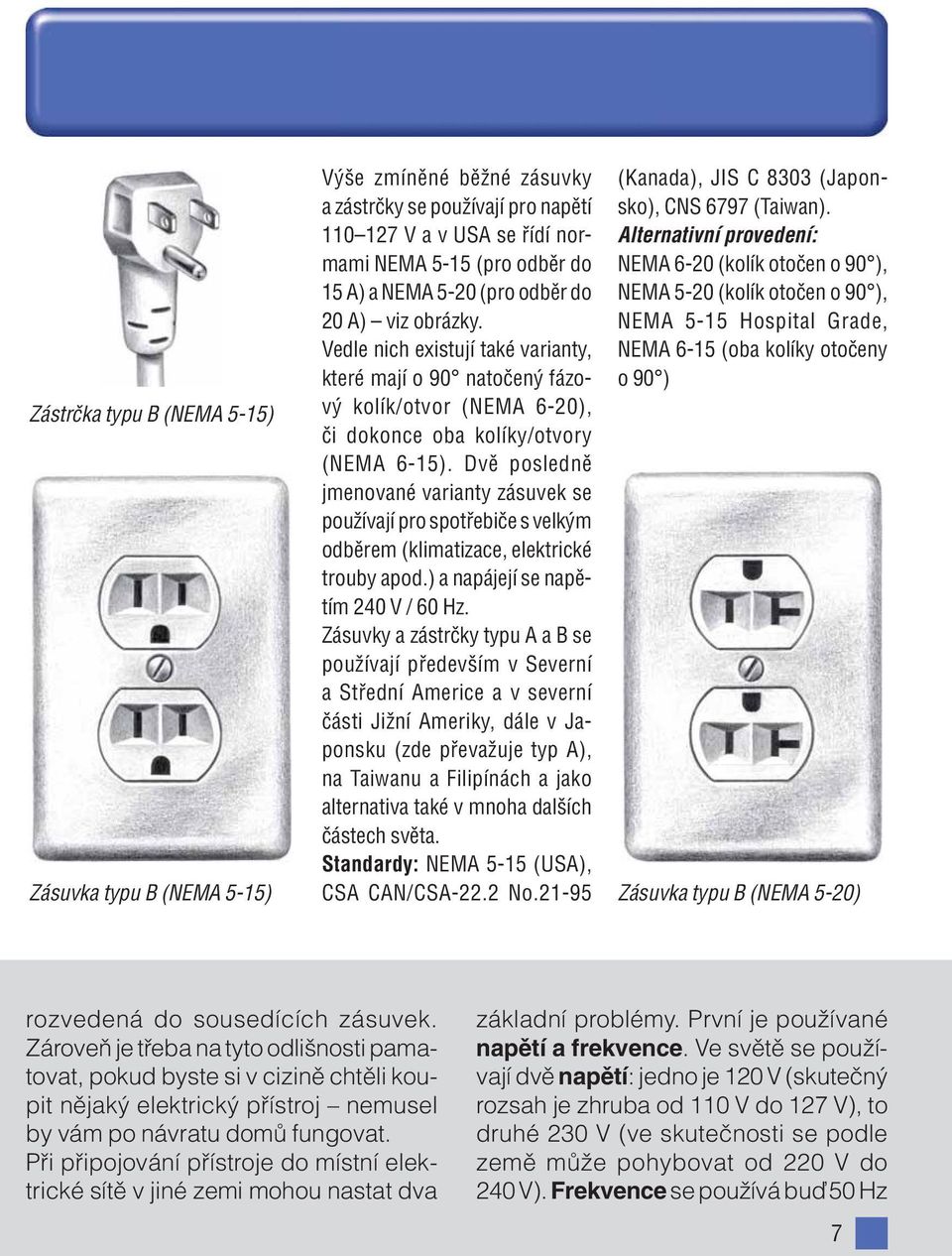 Dvě posledně jmenované varianty zásuvek se používají pro spotřebiče s velkým odběrem (klimatizace, elektrické trouby apod.) a napájejí se napětím 240 V / 60 Hz.