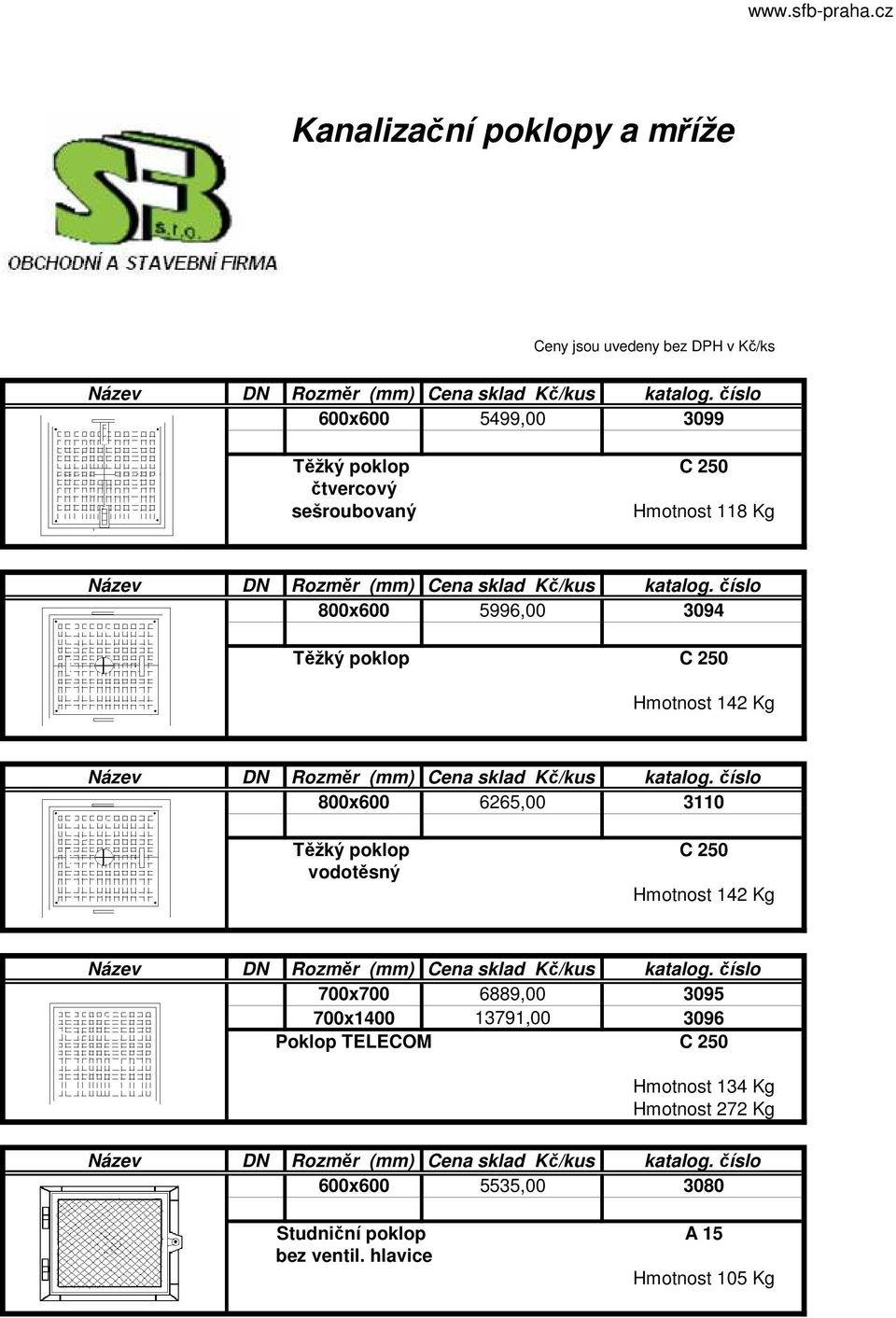 vodotěsný Hmotnost 142 Kg 700x700 6889,00 3095 700x1400 13791,00 3096 Poklop TELECOM C 250